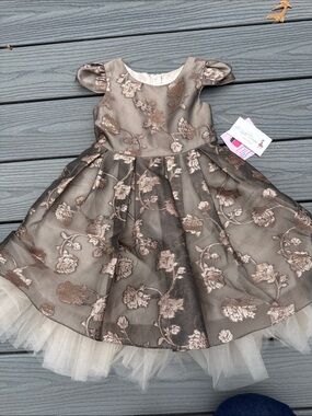 Girls' Metallic Floral Tulle Party Dress - Bronze